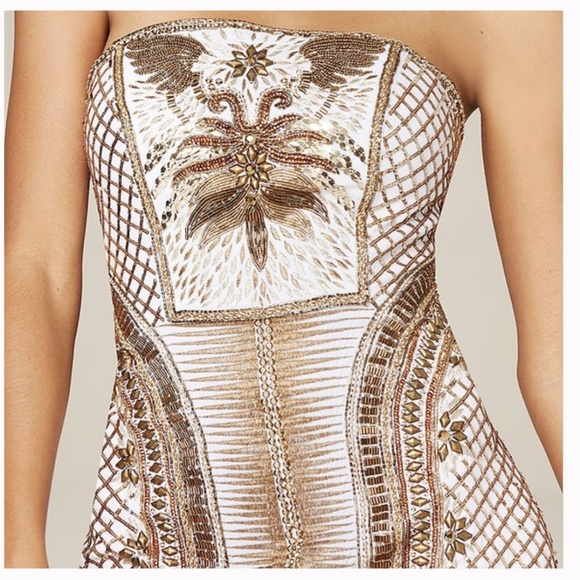 Bebe Gold White Beaded Sequin Strapless Mini Dress - Picture 3 of 7